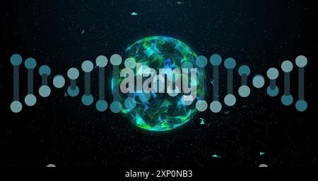 DNA strand image over rotating globe with glowing particles Stock Photo
