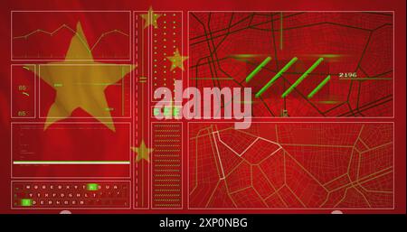 Data analysis and mapping image over red background with Chinese flag elements Stock Photo