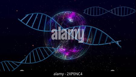 DNA strands and digital globe, scientific data processing image Stock Photo