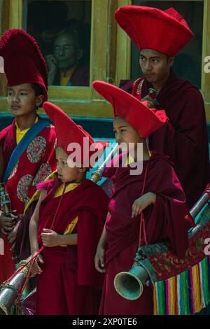 Ladakhi monks in a cultural festival playing musical instrument wearing traditional at Leh, India on 5 July 2024 Stock Photo