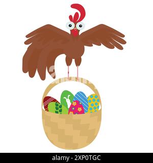 A funny cockerel sits on a basket of Easter eggs. Vector illustration isolated on white background. Stock Vector