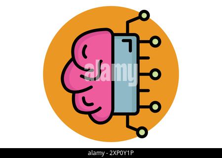 Machine learning colored outline icon. brain with CPU. icon related to automate. data analytics elements vector illustration Stock Vector