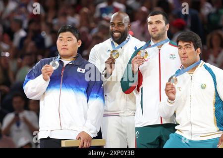 Paris, France. 2nd Aug, 2024. (L to R) Minjong Kim (KOR), Teddy Riner (FRA), Temur Rakhimov (TJK), Alisher Yusupov (UZB) Judo : Men's  100kg Medal Ceremony during the Paris 2024 Olympic Games at Champ de Mars Arena in Paris, France . Credit: Koji Aoki/AFLO SPORT/Alamy Live News Stock Photo