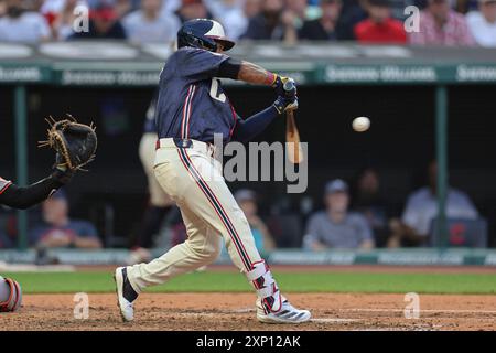 Cleveland, Ohio, USA. 2nd Aug, 2024. Cleveland Guardians third base José RamÃ-rez (11) pops out to Baltimore Orioles catcher Adley Rutschman (35) during an MLB game on August 2, 2024 at Progressive Field. The Guardians beat the Orioles 8-4. (Credit Image: © Kim Hukari/ZUMA Press Wire) EDITORIAL USAGE ONLY! Not for Commercial USAGE! Stock Photo