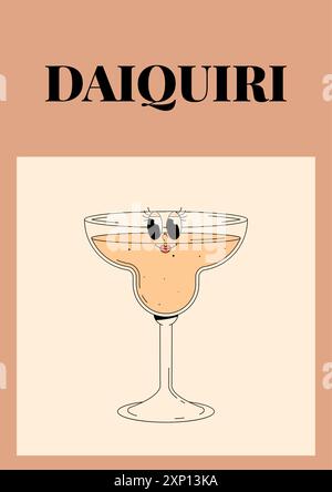 Groovy character daiquiri. Retro summer poster with popular alcoholic cocktail. Vintage vector illustration in 70s, 80s style Stock Vector