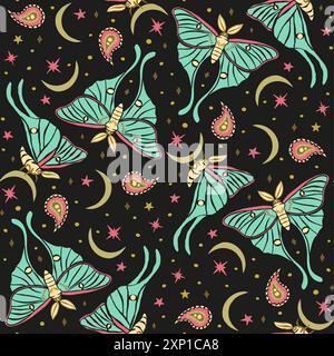 Seamless pattern with celestial luna moth and paisley motif Stock Vector