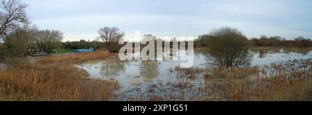 Panorama of flooding around the river Ouse at St Neots in Cambridgeshire. Stock Photo