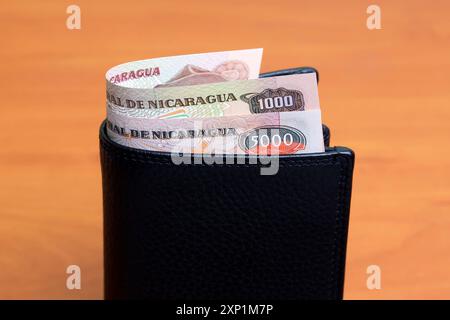 Old Nicaraguan money - cordoba in the black wallet Stock Photo