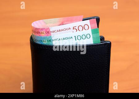 Nicaraguan money - cordoba in the black wallet Stock Photo