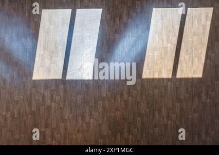 wooden and ceramic floor tiles texture in corridor, view from above with a shadow from the sun Stock Photo