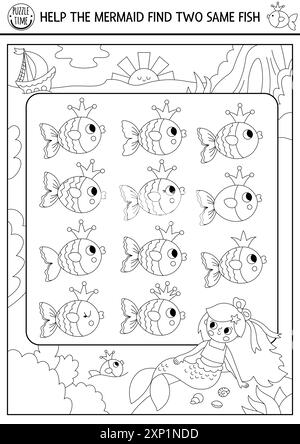 Find two same fish. Black and white fairytale ocean kingdom matching activity with mermaid and sea landscape. Marine educational quiz worksheet for ki Stock Vector