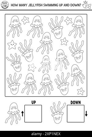 Mermaid logic black and white game with up and down concept for kids with jellyfish. I spy searching, counting activity. Fairytale ocean kingdom print Stock Vector