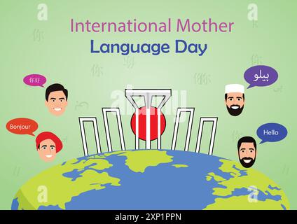 Vector illustration poster of international mother language day with background of globe and different country people. Stock Vector
