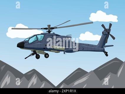 Vector illustration of army attack helicopter flying over the mountains. Stock Vector