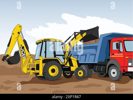 Vector illustration of construction site,excavator pouring sand into the dump truck on construction site. Stock Vector