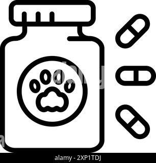Pets medicine bottle with pills outline icon. Container with pets vitamins. Prescription medicine for animal. Vector Illustration isolated on white ba Stock Vector
