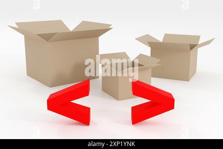 Luxury red inscription angle brackets on grey podium with boxes, soft light, front view smooth background, 3d rendering Stock Photo