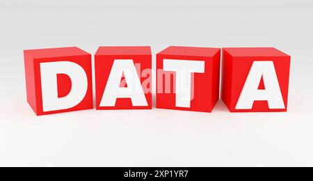 Luxury red inscription data on grey podium, soft light, front view smooth background, 3d rendering Stock Photo
