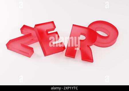 Luxury red glass inscription zero on grey podium, soft light, front view smooth background, 3d rendering Stock Photo