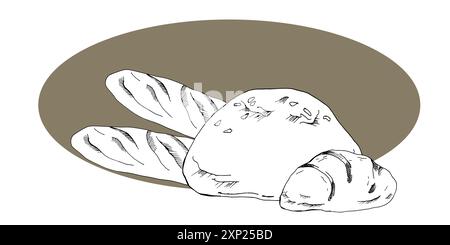 French baguette, loaf of bread and roll ink graphics. Fresh organic food vector composition in outline style for cafe, menu, bakery, bread packing des Stock Vector