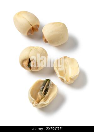 Whole and halved dried Lotus seed with a sprouted seedling inside isolated on white background close up Stock Photo