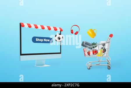 Computer display with a shop awning, "Shop Now" button, and products jumping into a shopping cart. Concept of online shopping Stock Photo