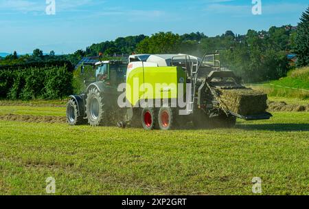 Hay baling, tractor collecting and making hay on a farm Stock Photo