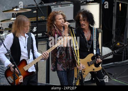 Tom Hamilton, Steven Tyler and Joe Perry of Aerosmith during their performance on NBC's 'Today' Show at Rockefeller Plaza on August 15, 2018 in New Yo Stock Photo