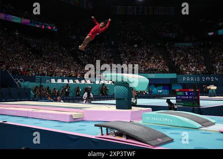 PARIS, FRANCE. 3rd Aug, 2024.   Simone Biles of Team United States competes during the Women’s Vault Final on day eight of the Olympic Games Paris 2024 at Bercy Arena, Paris, France.   Credit: Craig Mercer/Alamy Live News Stock Photo