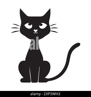 Minimalist Cute Black Cat Vector Illustration, A minimalist vector illustration of a cute black cat with big eyes and a simple design. Stock Vector