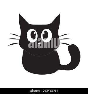 Minimalist Cute Black Cat Vector Illustration, A minimalist vector illustration of a cute black cat with big eyes and a simple design. Stock Vector