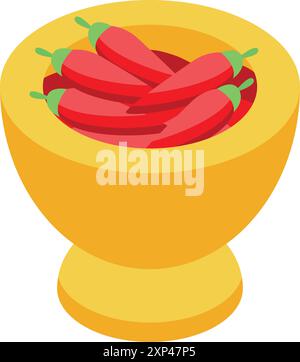 Yellow mortar and pestle crushing red chili peppers making a spicy food ingredient Stock Vector