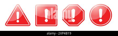 Hazard symbol in red color with exclamation symbol in shiny glossy style in different shapes. Caution symbols set with exclamation mark. Stock Vector
