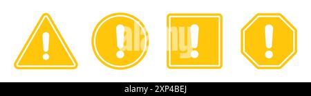 Hazard symbol in yellow color with white exclamatory symbol in different shapes. Caution symbols set with exclamation mark in various shapes. Stock Vector