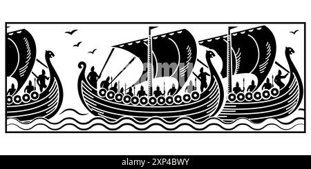 Design in Old Norse style. Ancient Celtic Scandinavian warriors with spears and shields. Viking ships Drakkars. Stock Vector