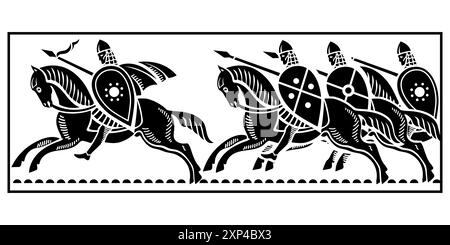 Design in Old Norse style. Ancient Celtic Scandinavian warriors with swords, shields and horseback riding. Stock Vector