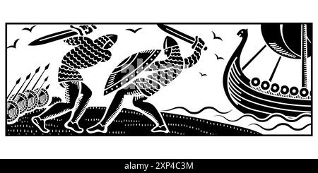 Design in Old Norse style. Ancient Celtic Scandinavian warriors with swords and shields. Viking ships Drakkars. Stock Vector