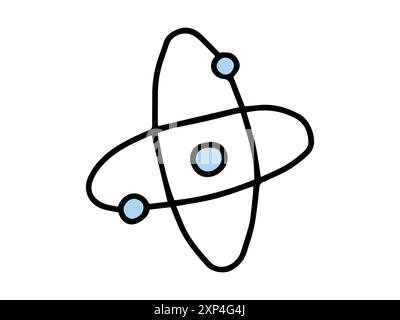 Simple illustration of an atom with blue electrons orbiting a black nucleus. Concept of science, physics, chemistry, education. Print, icon, education Stock Vector