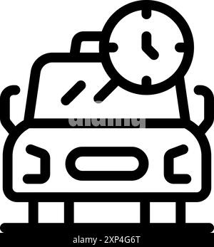 Simple line icon of a car with a clock above it, representing waiting time for parking Stock Vector