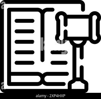 Line art icon of an open book with a judge's gavel resting on top, representing the legal system Stock Vector