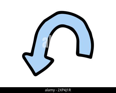 Simple hand drawn illustration of curved arrow pointing downwards, drawn in blue with a black outline, in a minimalistic style. Concept of direction, movement, navigation, indication. Design element. Stock Vector