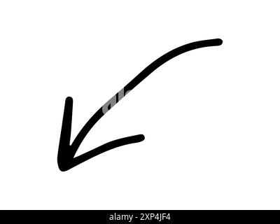 Black hand-drawn curved arrow pointing downward and left on a white background. Concept of direction, navigation, minimalist style, symbol. Print, icon, design element. Stock Vector