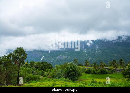 Kollengode Village with Nelliyampathy Mountains and Seetharkundu Waterfalls - Kerala Tourism Stock Photo