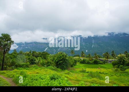 Kollengode Village with Nelliyampathy Mountains and Seetharkundu Waterfalls - Kerala Tourism Stock Photo