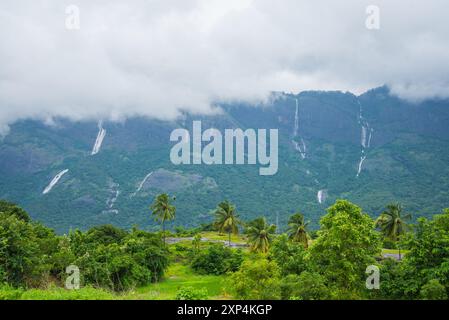 Kollengode Village with Nelliyampathy Mountains and Seetharkundu Waterfalls - Kerala Tourism Stock Photo