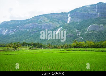 Kollengode Village with Nelliyampathy Mountains and Seetharkundu Waterfalls - Kerala Tourism Stock Photo