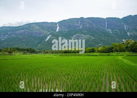 Kollengode Village with Nelliyampathy Mountains and Seetharkundu Waterfalls - Kerala Tourism Stock Photo