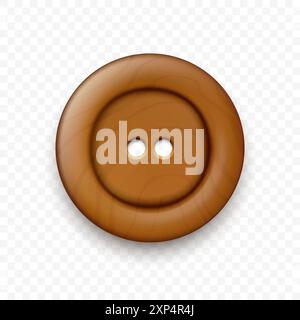 Vector Brown Color Wooden Two Holes Clothes Button Closeup, Isolated on White Background with Reflection. Round Button, Front View Stock Vector