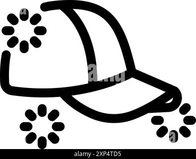 Simple line icon of a baseball cap surrounded by sparkling shapes, evoking a feeling of cleanliness and freshness Stock Vector