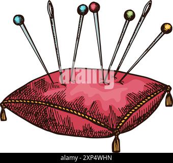 Pin cushion color sketch. Sewing needle pillow Stock Vector